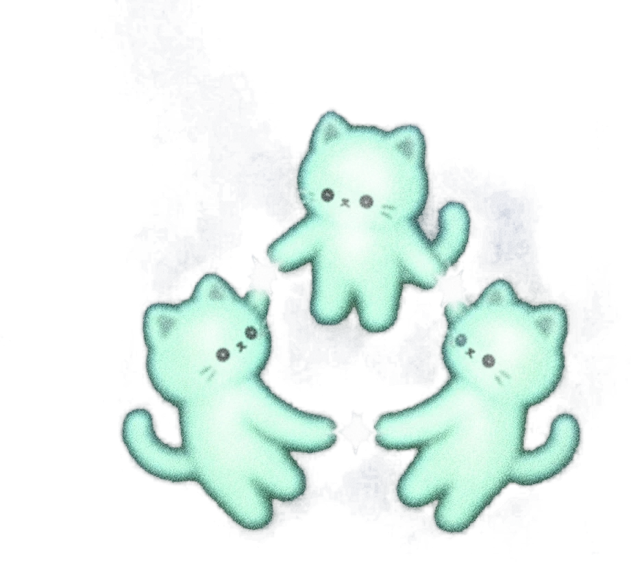 Three glowing cats holding paws in a triangle